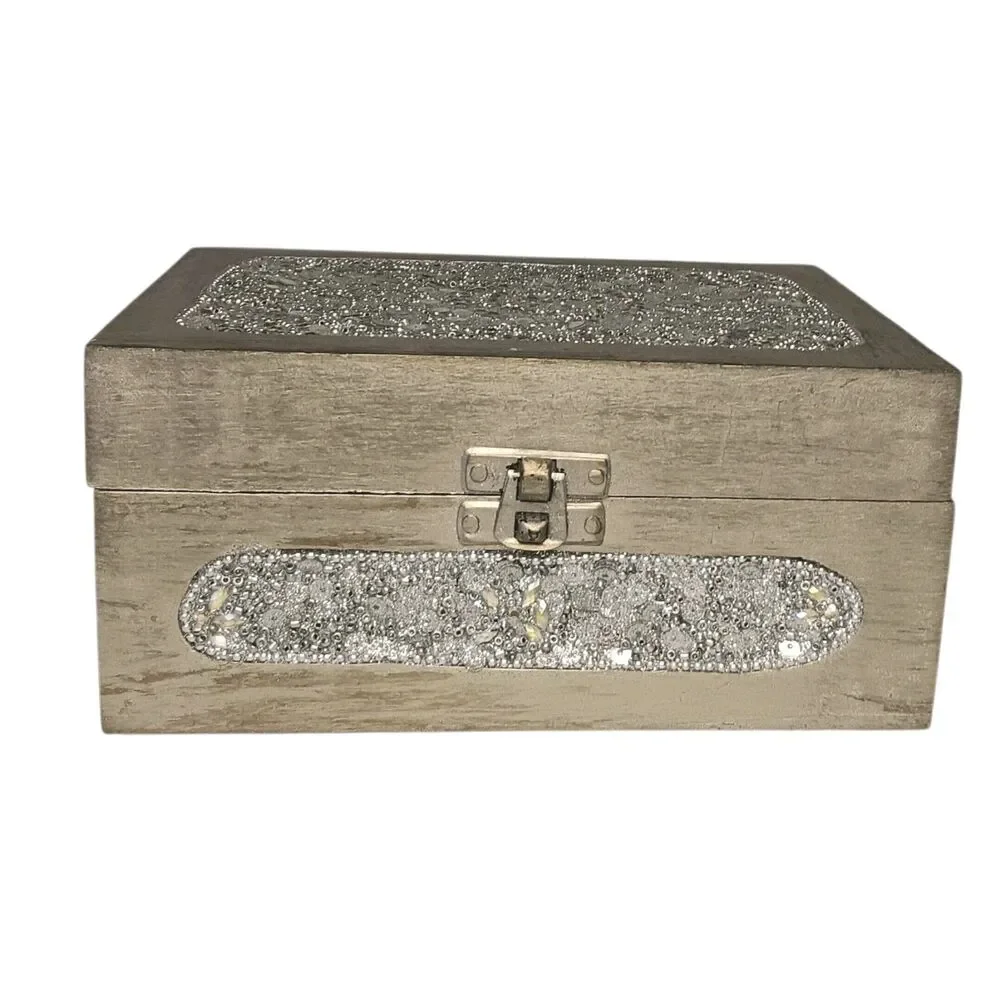 Sparkly Jewlery Box Silver With Sequins & Rhinestones Lightweight Wood 7 x 5 x 3